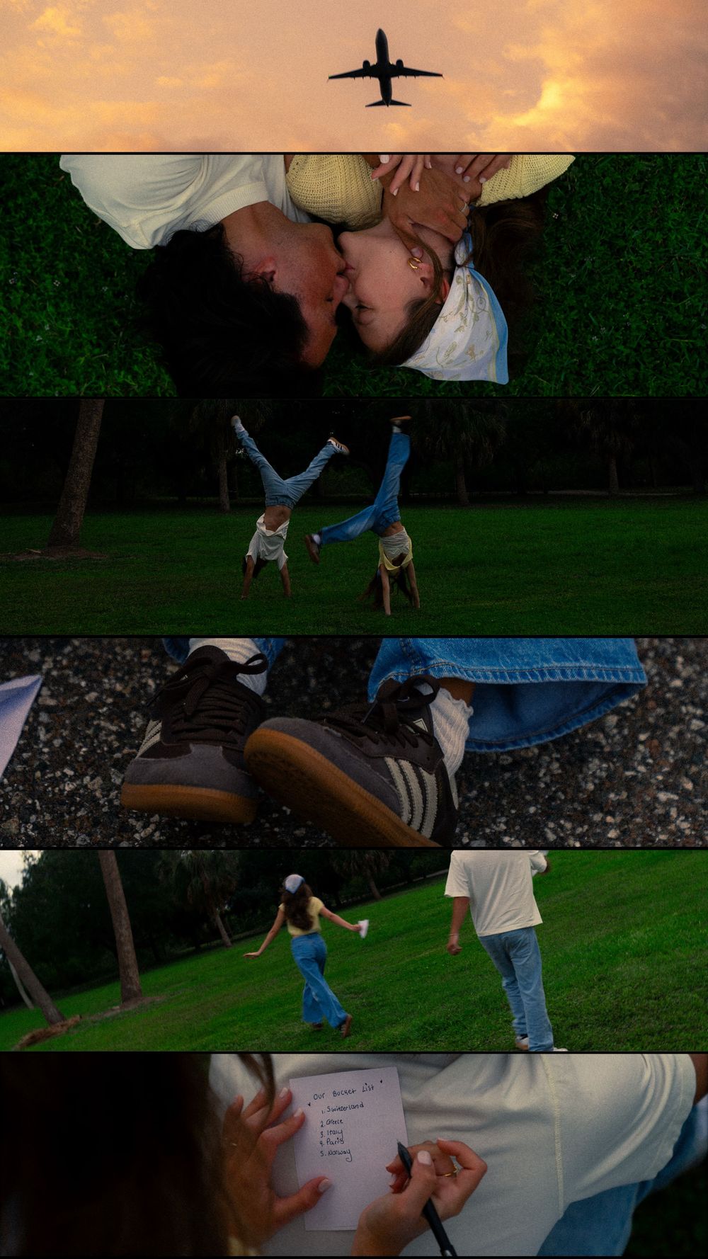 A romantic collage showing a couple kissing at sunset, doing handstands, walking on grass, and writing a bucket list.