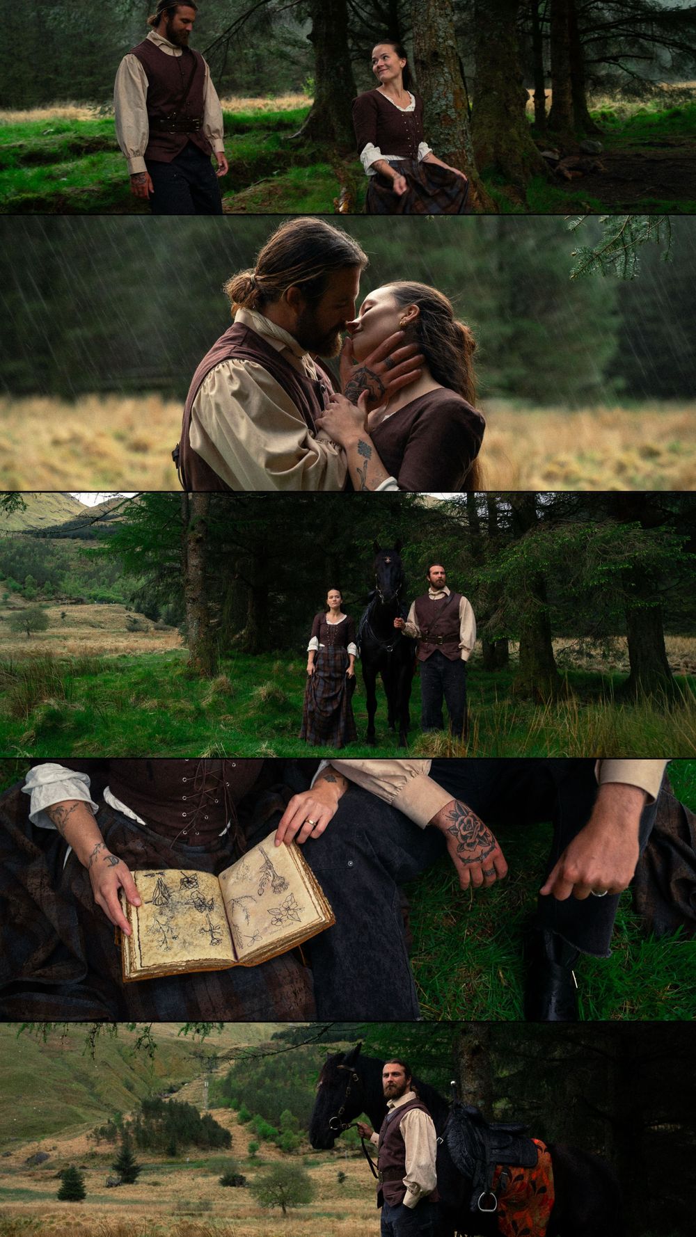 A romantic period drama collage showing a couple kissing in rain, holding an old map book, and standing by a black horse in a forest.