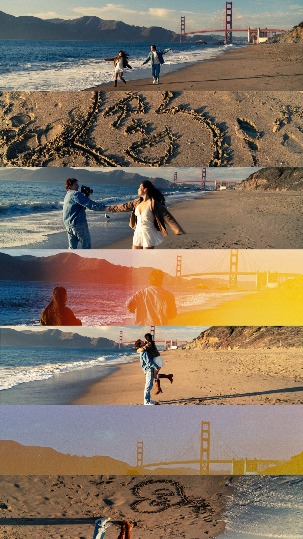 Collage of a couple dancing, embracing and writing in the sand on a beach with the Golden Gate Bridge in the background.