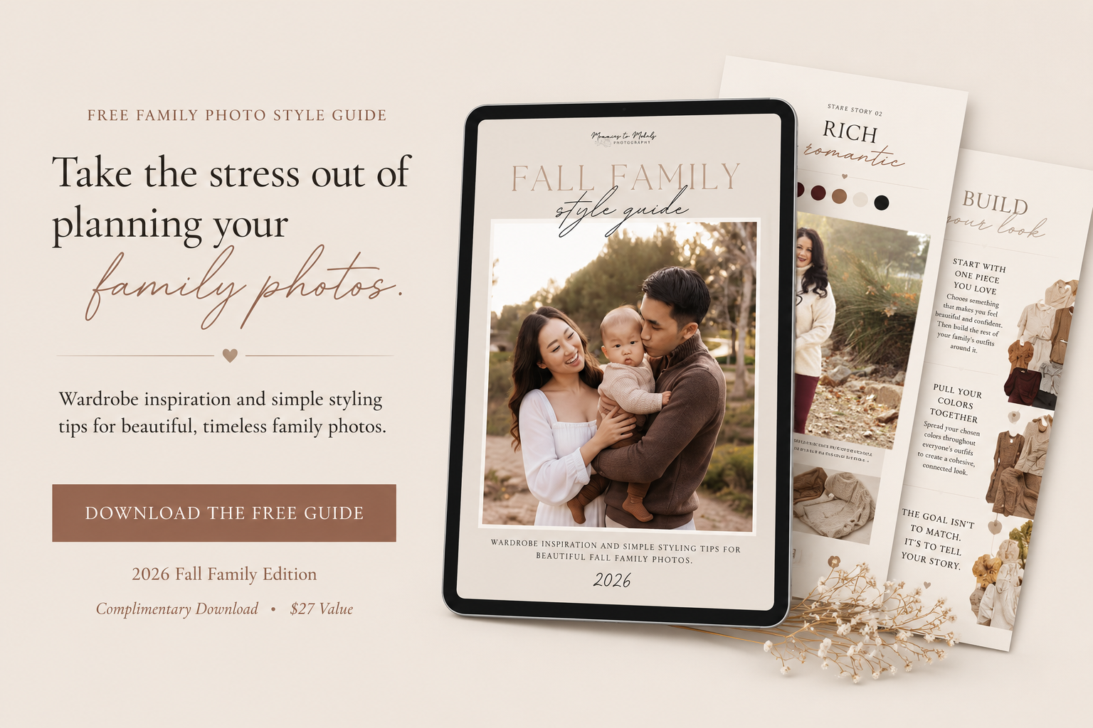 Free family photo style guide tablet mockup with fall wardrobe inspiration and styling tips for timeless family photos.