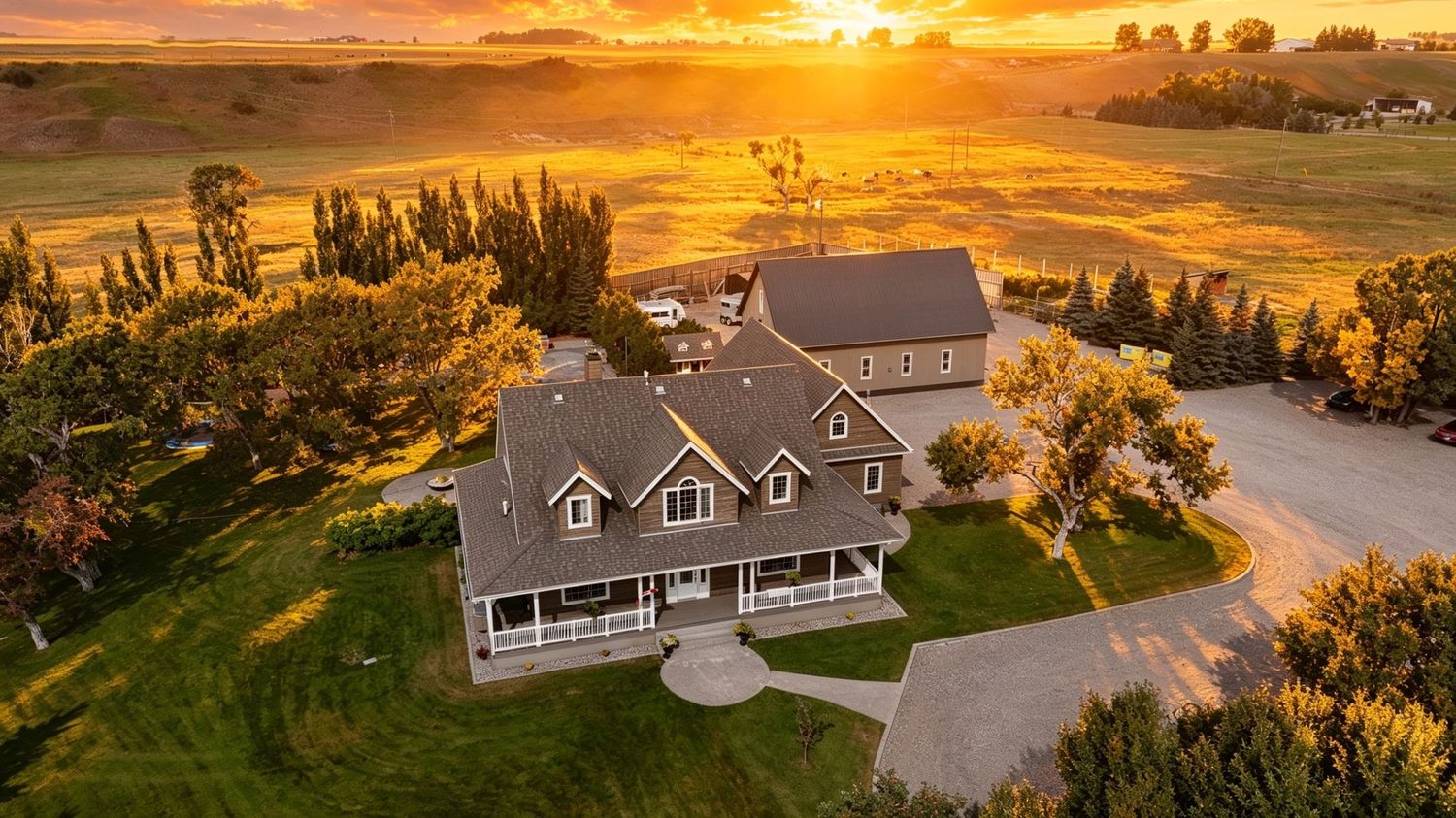 Aerial sunset view of a large farmhouse with wraparound porch surrounded by golden fields and trees in rural countryside.