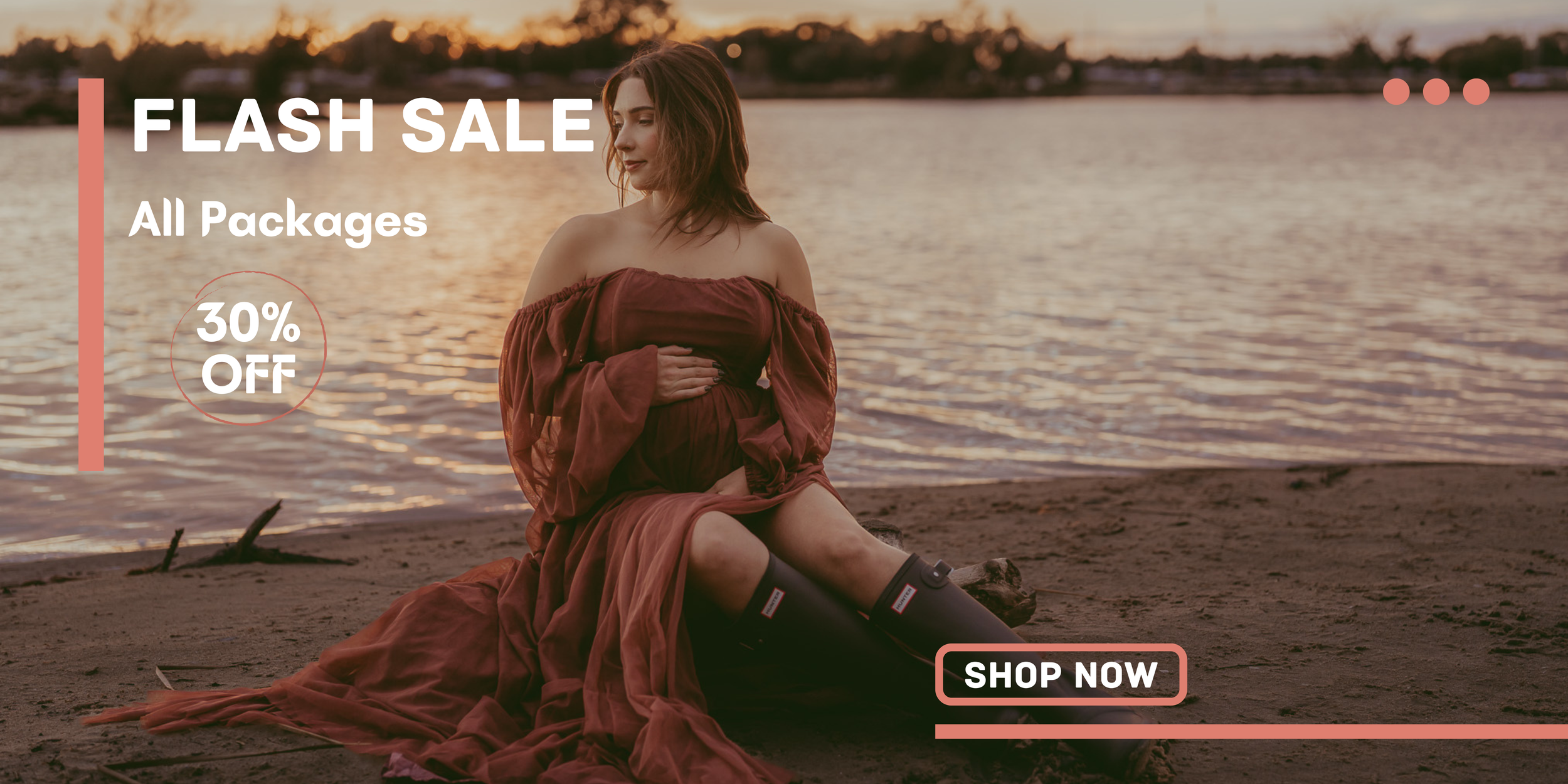 Woman in red dress sitting on beach shore promoting a flash sale with 30% off all photography packages.