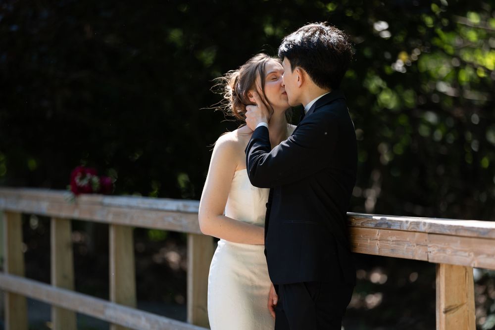 Bride and groom share romantic kiss on a wooden bridge surrounded by lush greenery at the civic garden complex in london, ontario.