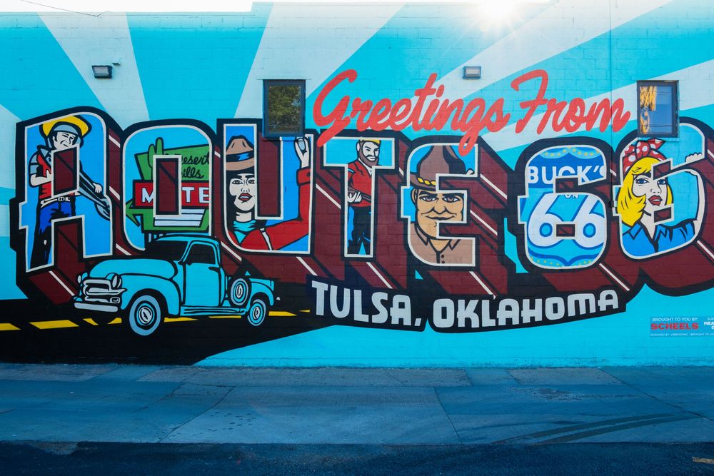 Route 66 mural off Route 66 in Tulsa, OK. June 10, 2026. (David J. Manning)
