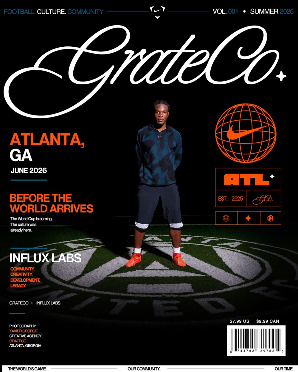 GrateCo magazine cover featuring Atlanta GA June 2026 edition with a man standing on a basketball court wearing Nike sneakers.