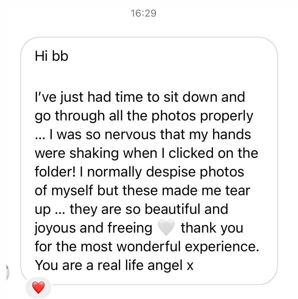 A heartfelt text message from a client expressing joy and gratitude after receiving beautiful photos from a photographer.