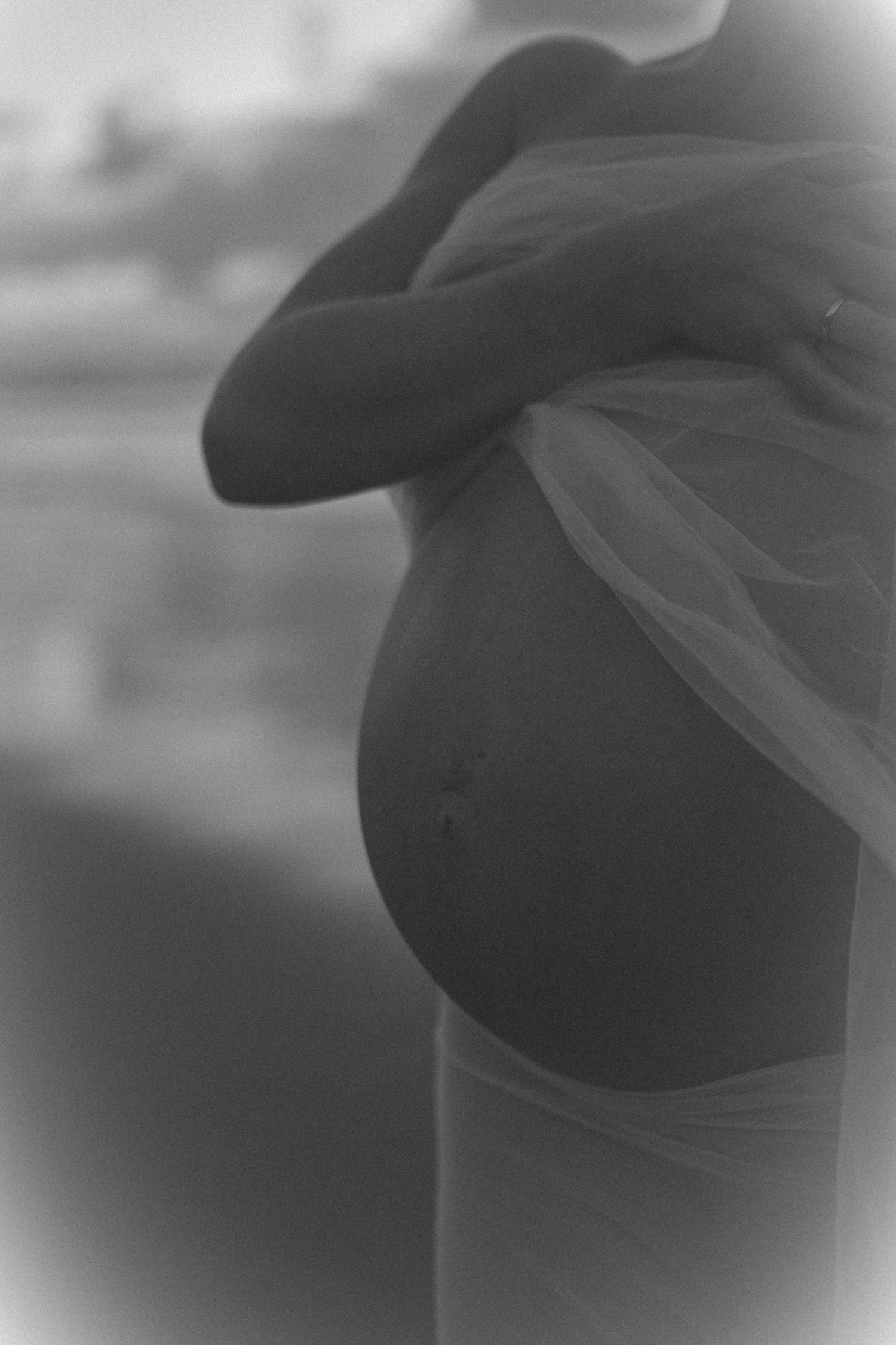 Black and white maternity photo of pregnant woman cradling bare baby bump outdoors, draped in sheer fabric.