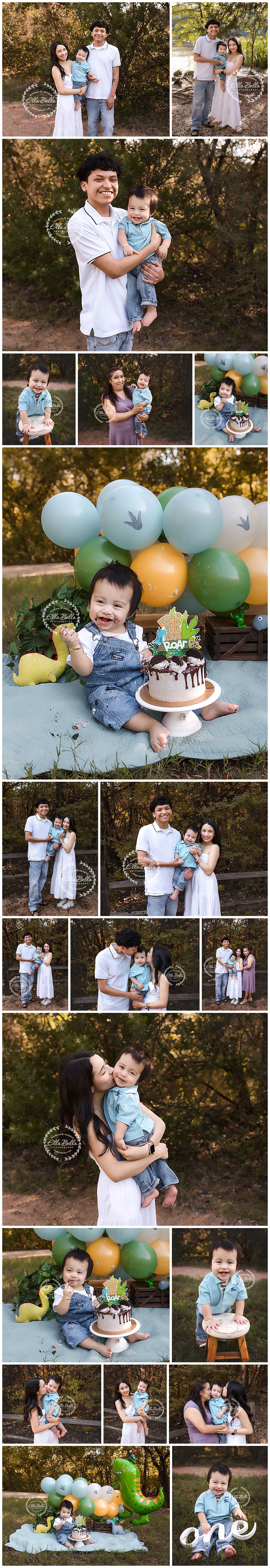 Outdoor first birthday photo session of a baby boy with his parents, dinosaur cake smash, green and orange balloons, and a one banner.