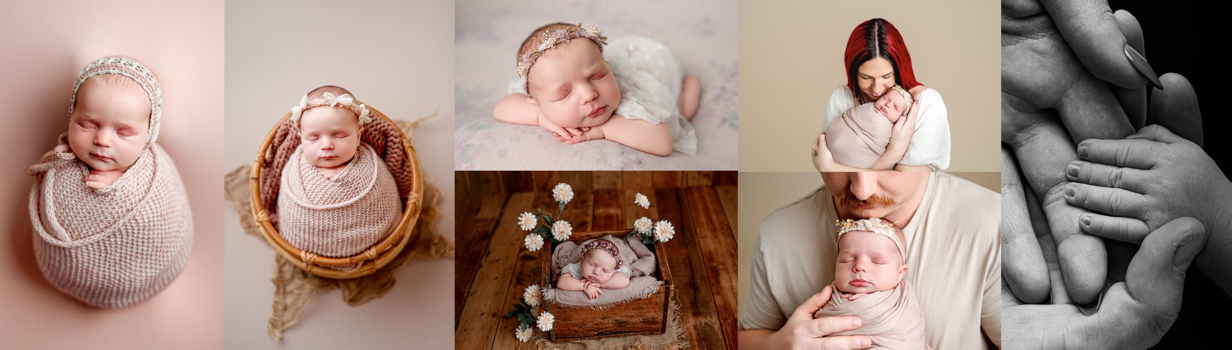 Newborn baby photo collage showing a sleeping infant in a wicker cart, curled on a wooden floor, and nestled in a bucket with a knit bonnet.