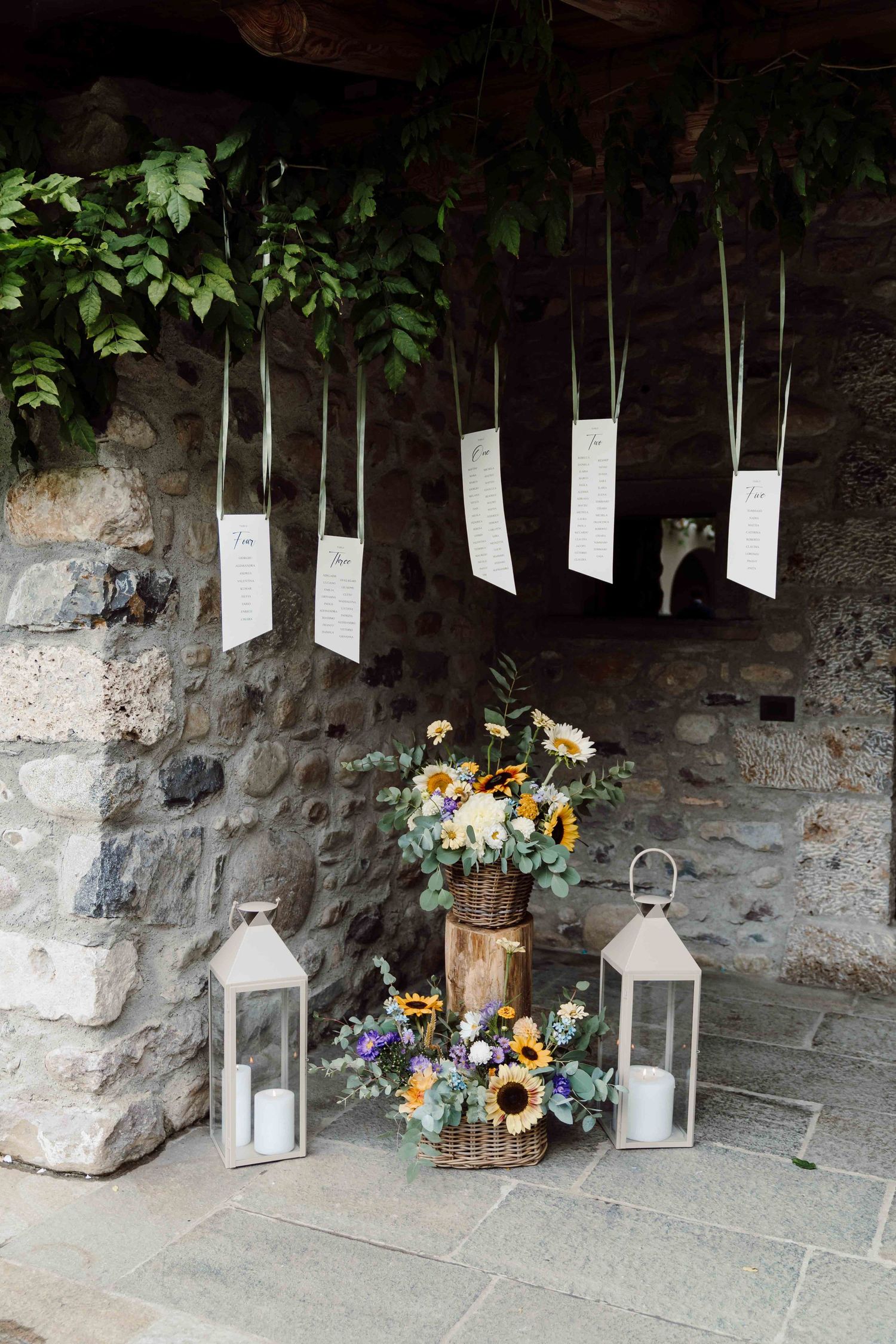 Rustic wedding seating chart display with hanging cards, lanterns, and sunflower arrangements against a stone wall.