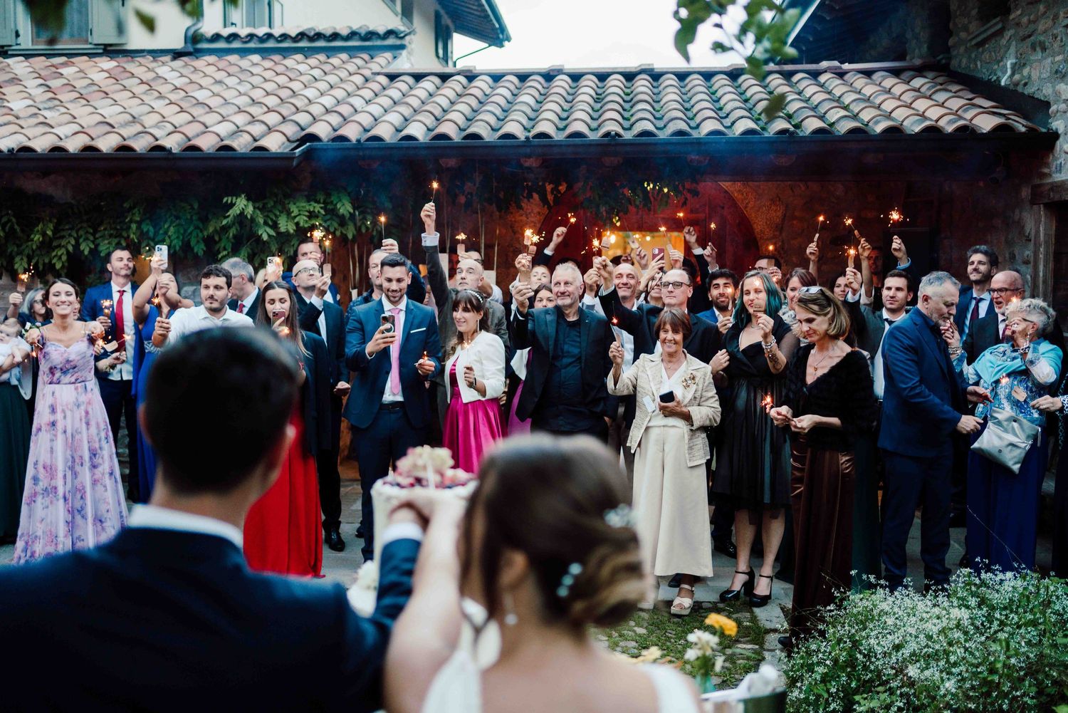 Wedding guests cheering and raising glasses outdoors at a rustic venue as the bride and groom stand before them.