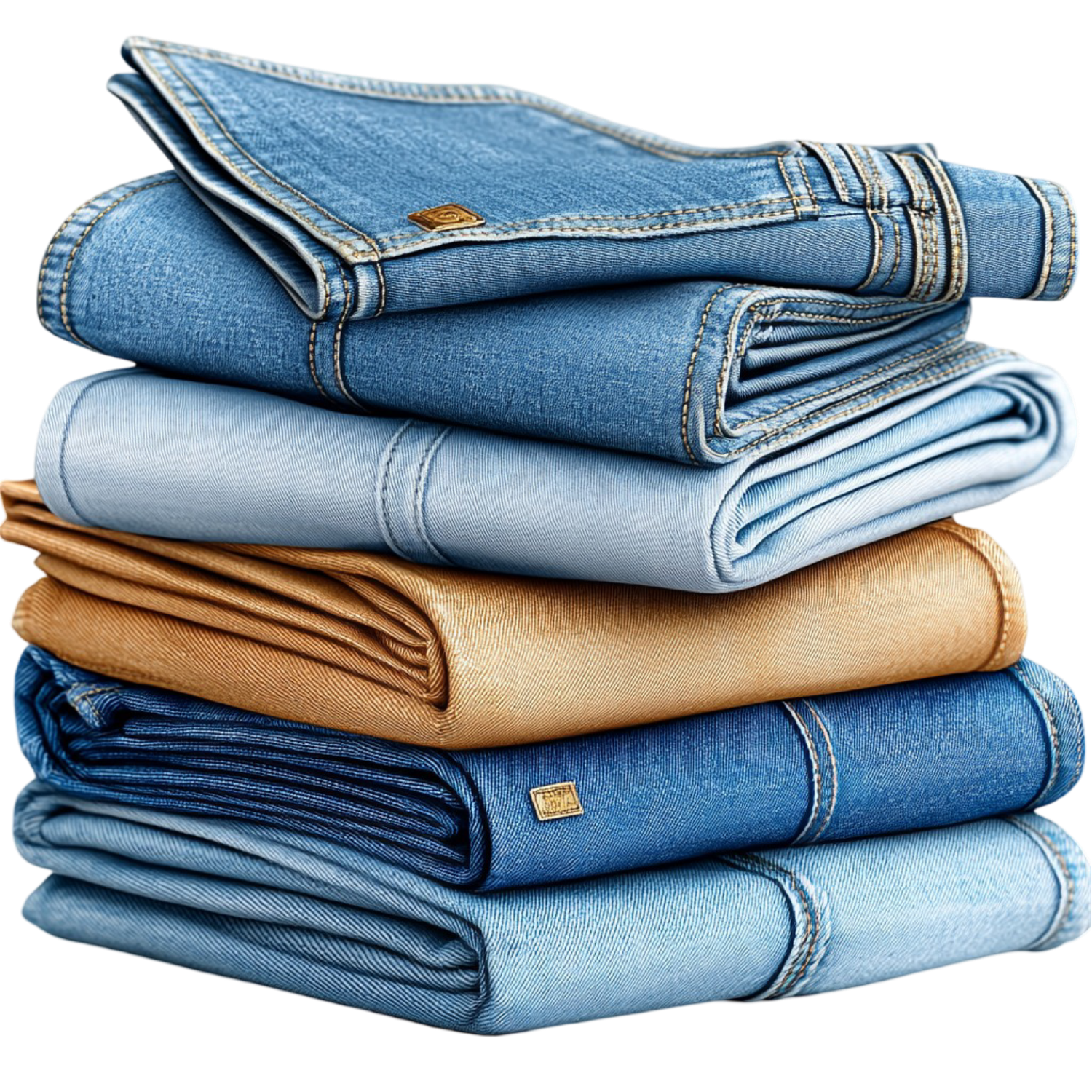 Stack of folded blue and tan denim jeans neatly arranged on a white background.