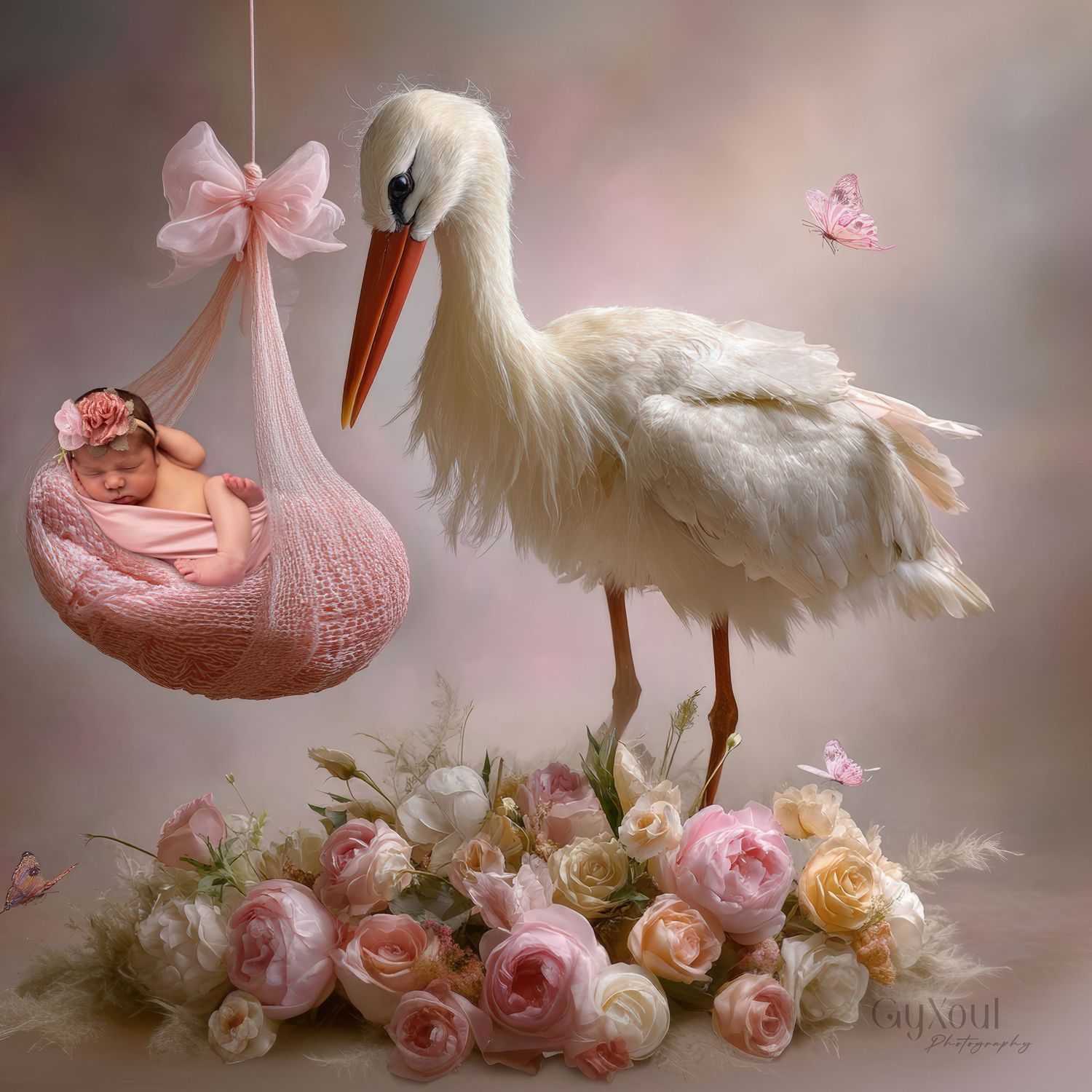 A stork holds a sleeping newborn in a pink knitted basket surrounded by roses and a butterfly in a dreamy pastel setting.