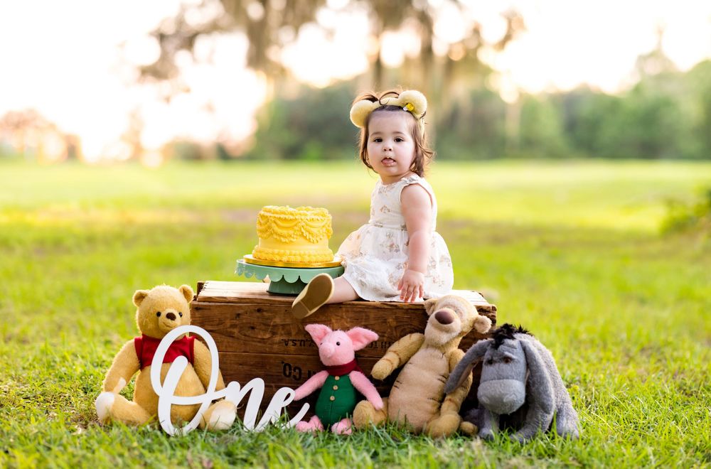 Toddler girl in white dress sits in wooden crate with Winnie the Pooh stuffed animals and yellow cake outdoors.