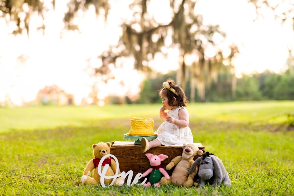 Toddler girl in white dress celebrates first birthday outdoors with Winnie the Pooh stuffed animals and yellow smash cake.