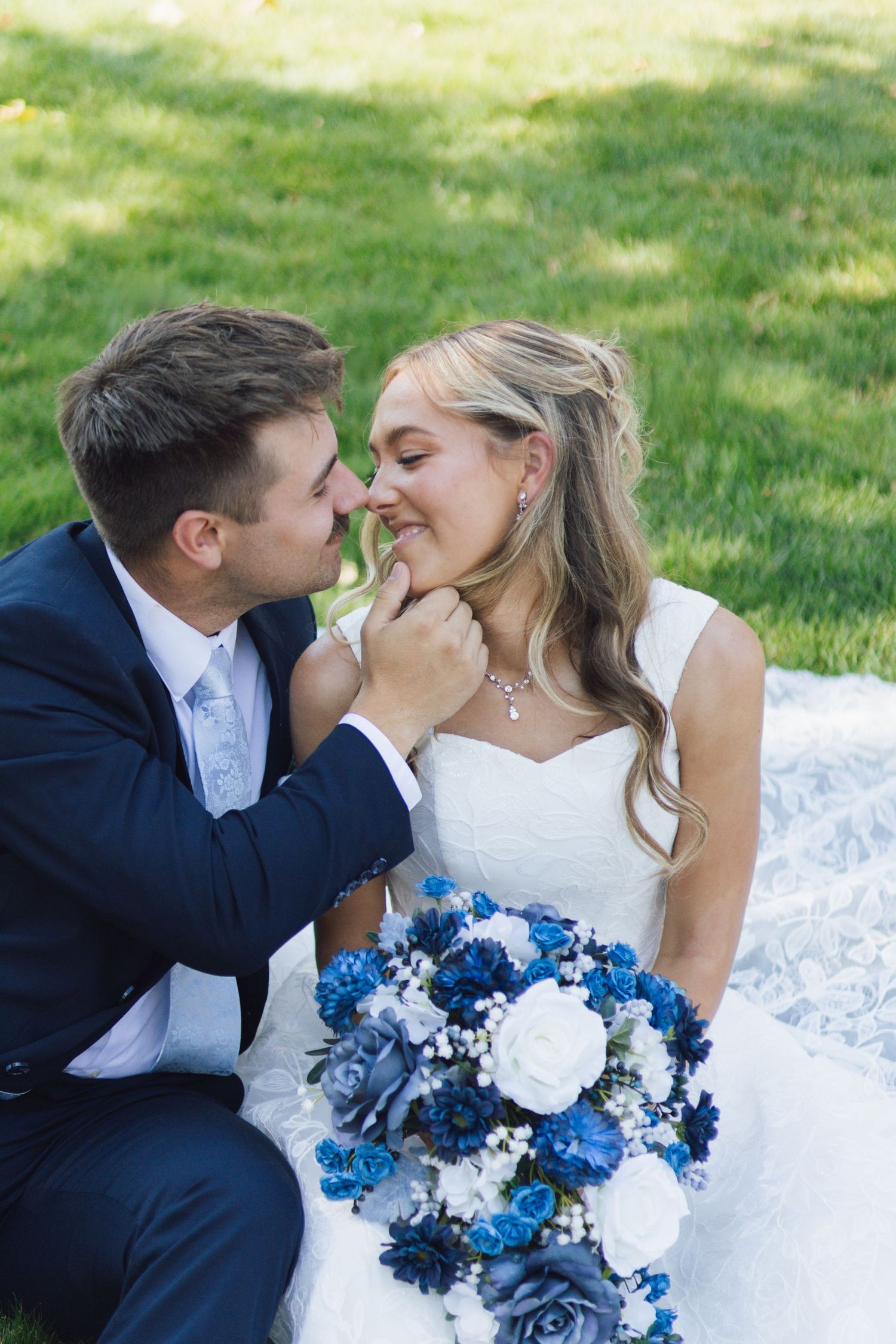 Bride and groom bridal portraits in front of Brigham City LDS temple in Utah