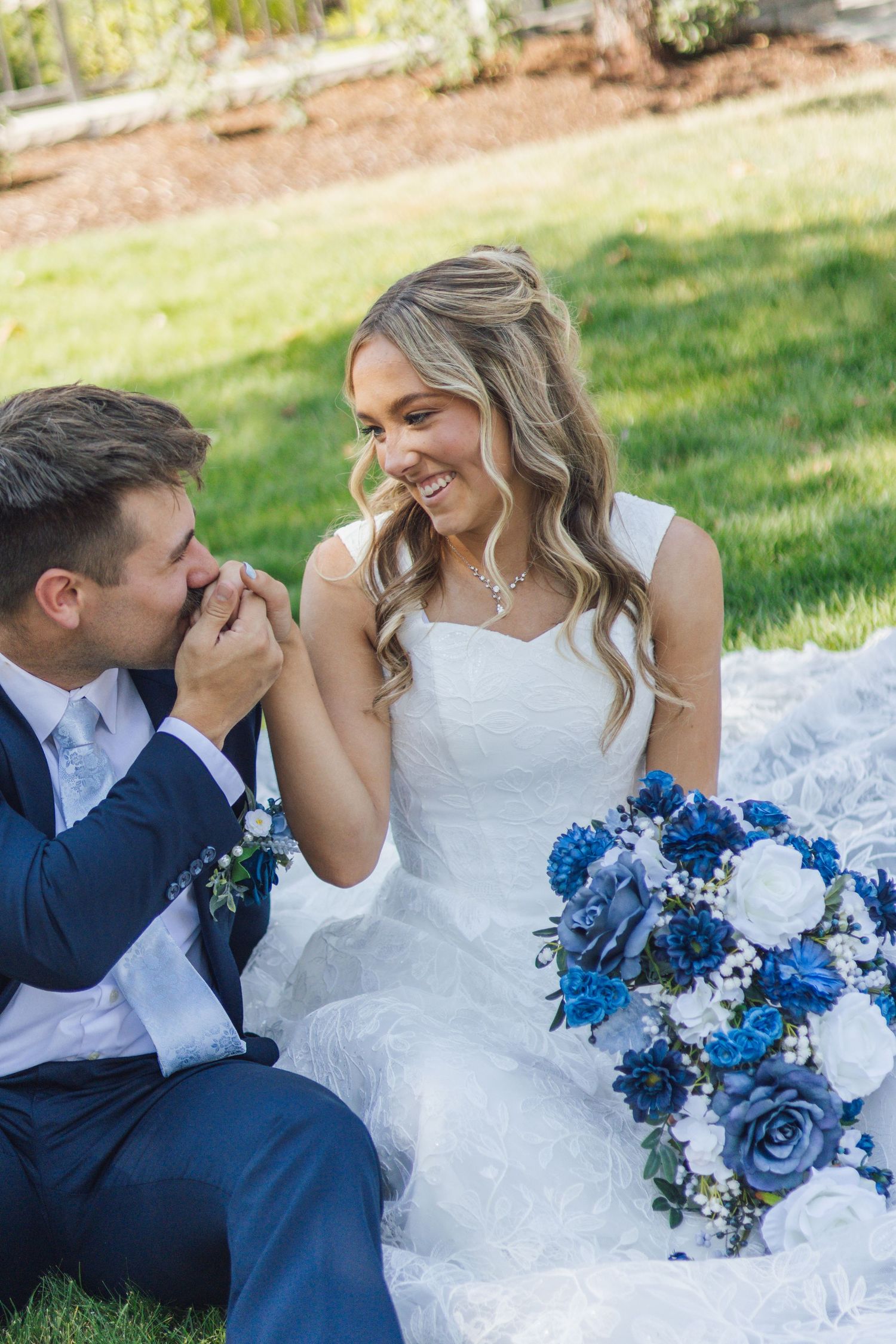 Bride and groom bridal portraits in front of Brigham City LDS temple in Utah