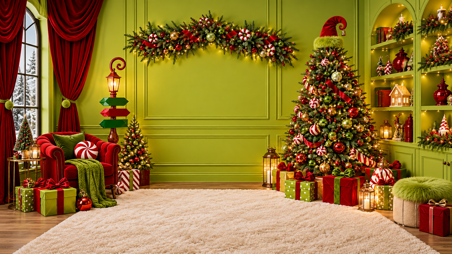 Festive Christmas room with decorated tree, colorful gifts, garland, and Grinch-themed decor on a green wall backdrop.