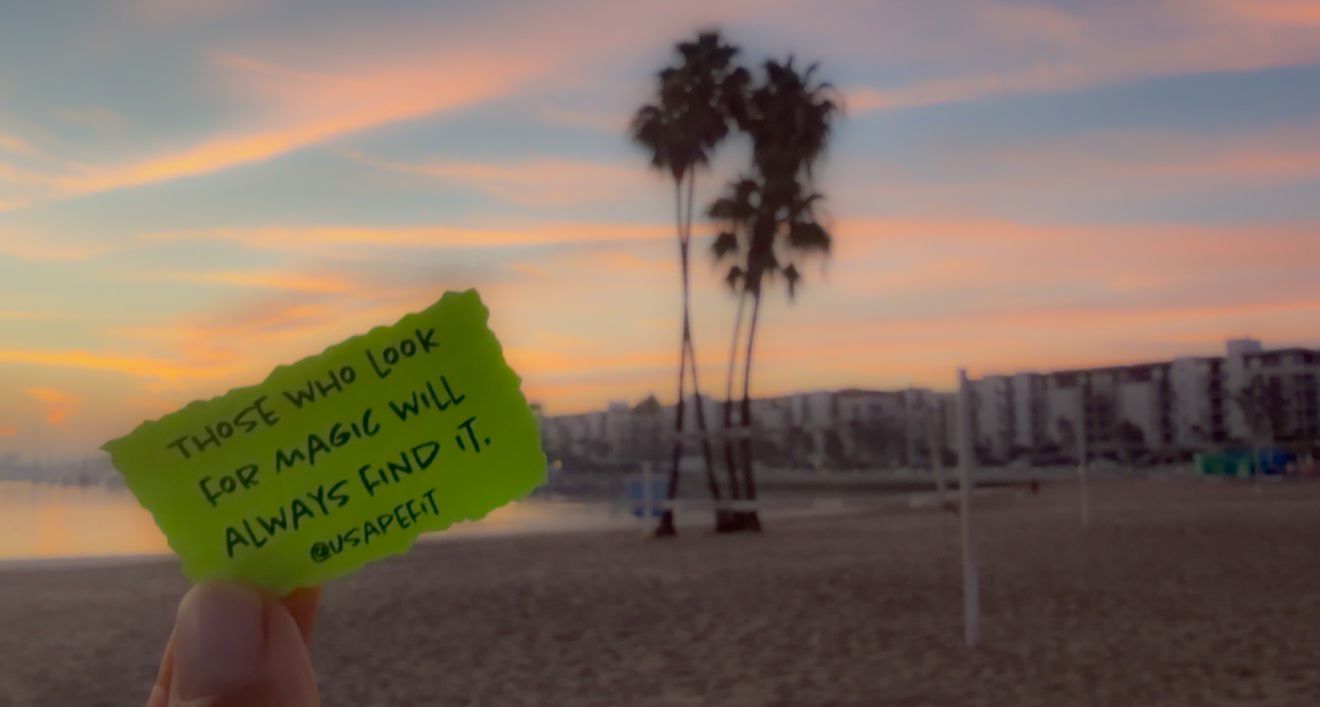 Hand holding a green note card at a beach with palm trees and a colorful sunset sky in the background.