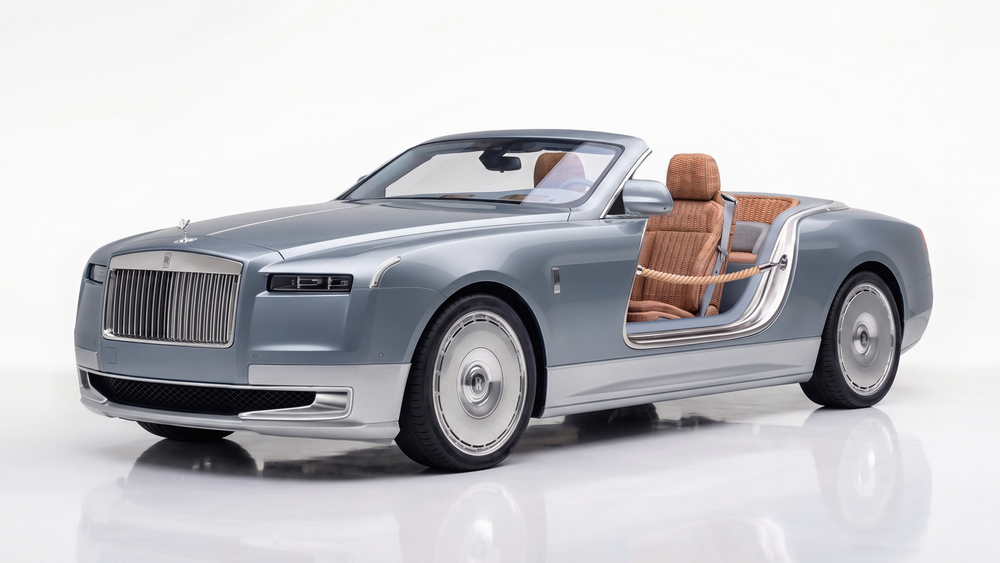 Rolls-Royce luxury convertible concept car in silver-blue with tan leather interior on white background.
