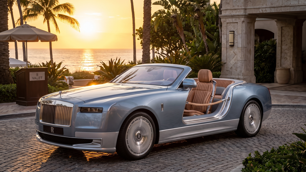 Rolls-Royce Boat Tail luxury convertible in silver parked on cobblestones at sunset near tropical palms.