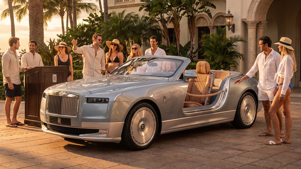 Luxury silver Rolls-Royce convertible surrounded by elegantly dressed guests at a upscale resort during golden hour.