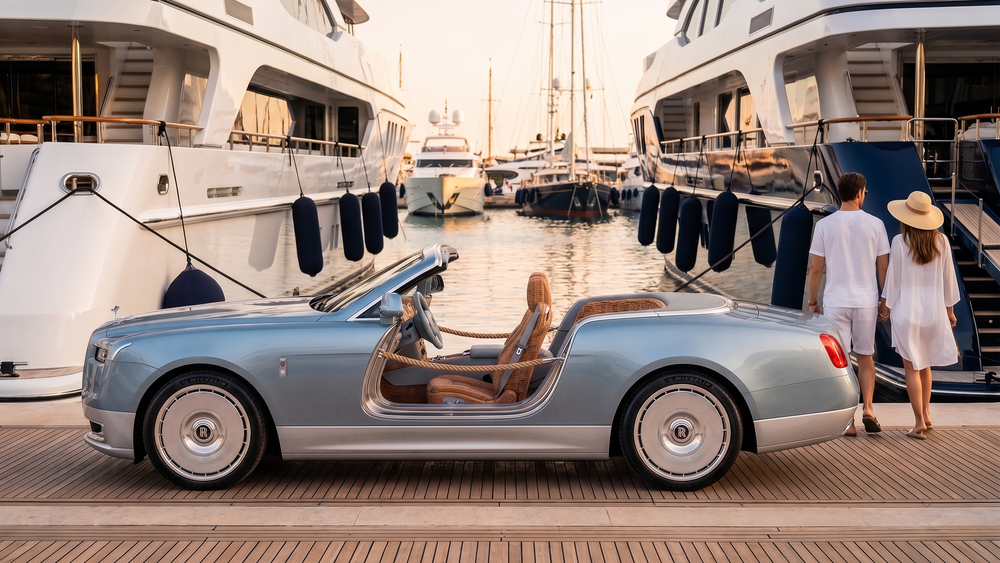 Luxury Rolls-Royce convertible in light blue parked at a yacht marina with a couple walking nearby.