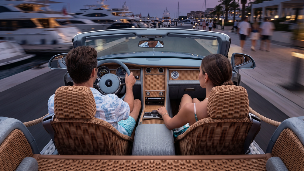Couple riding in a luxury Rolls-Royce convertible at dusk near a marina with yachts in the background.