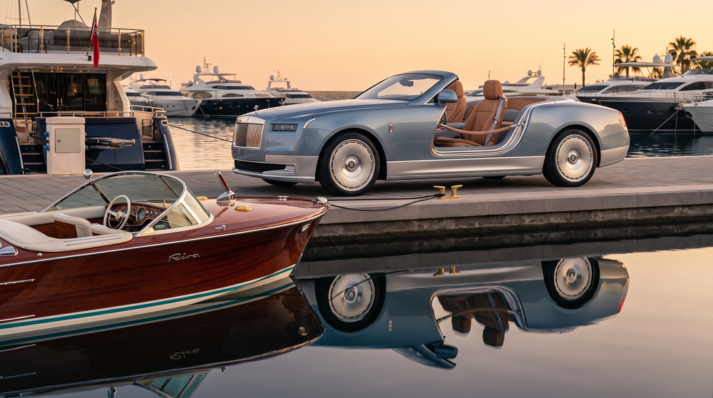 Luxury Rolls-Royce convertible parked beside a classic wooden speedboat at a marina during golden hour sunset.