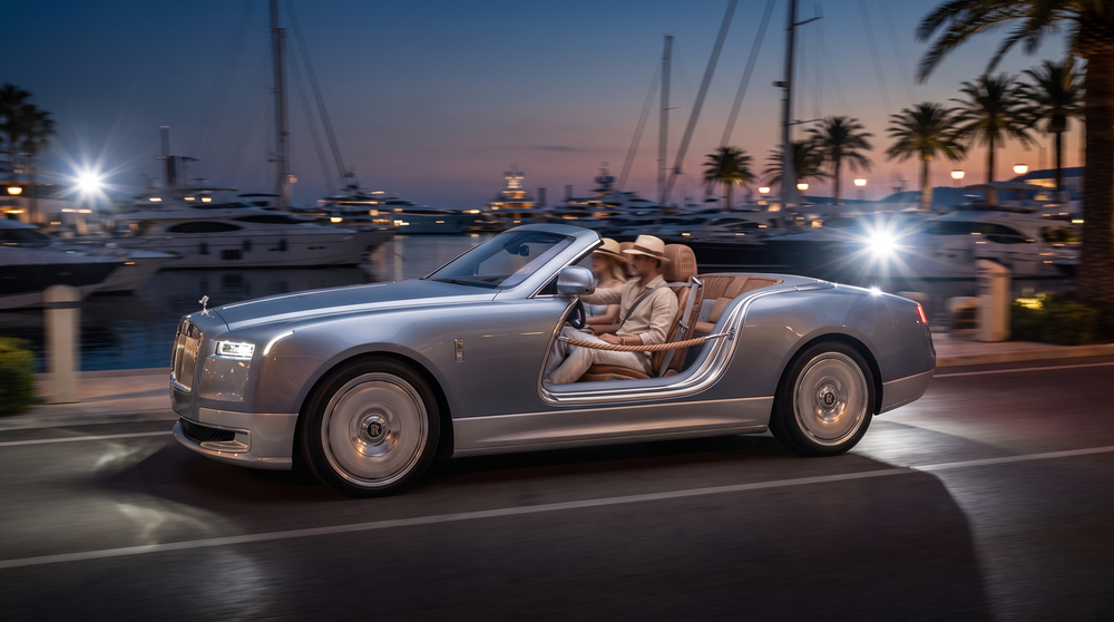 Luxury Rolls-Royce convertible cruising along a marina at dusk with elegantly dressed passengers aboard.