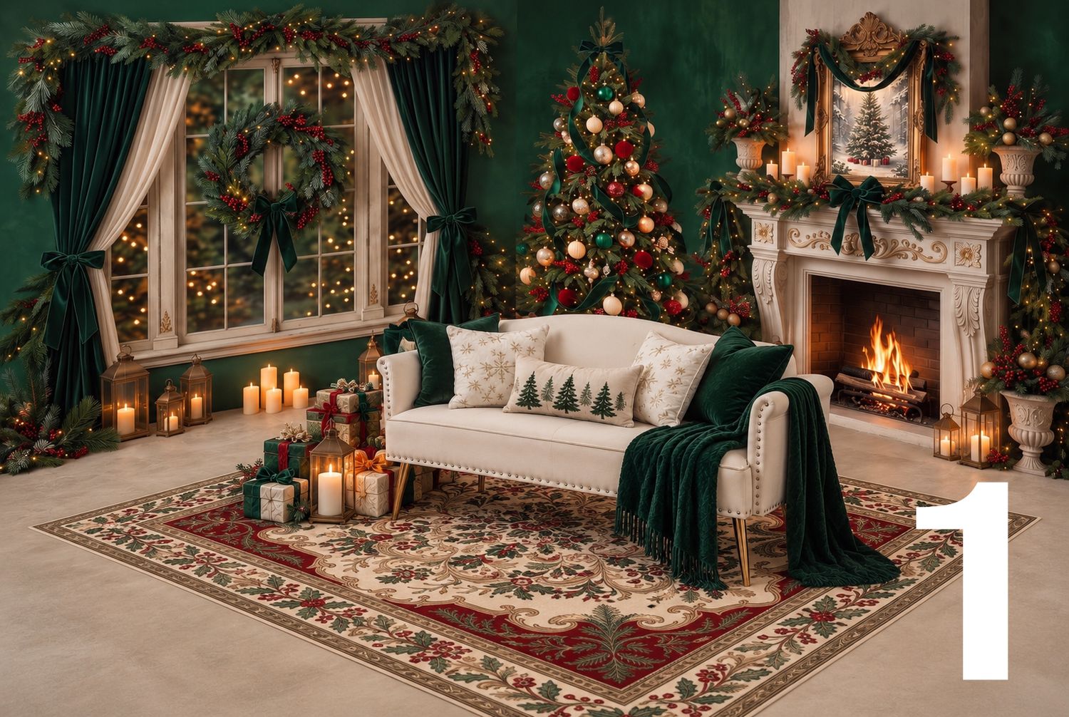 Elegant Christmas living room with decorated tree, lit fireplace, candles, garlands, and colorful gifts on ornate rug.