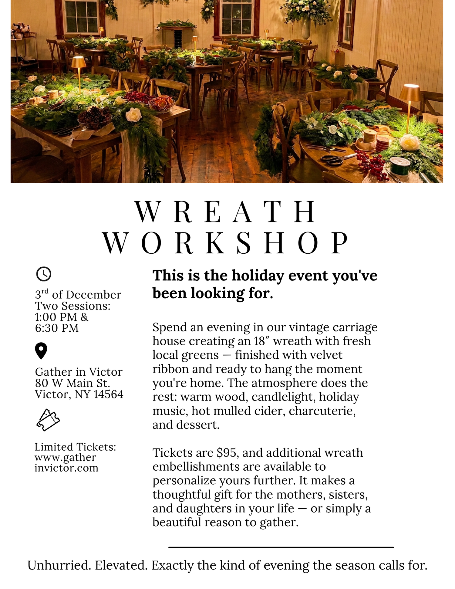 Festive wreath workshop flyer featuring holiday decor, candles, and greenery for a December evening event in Victor, NY.