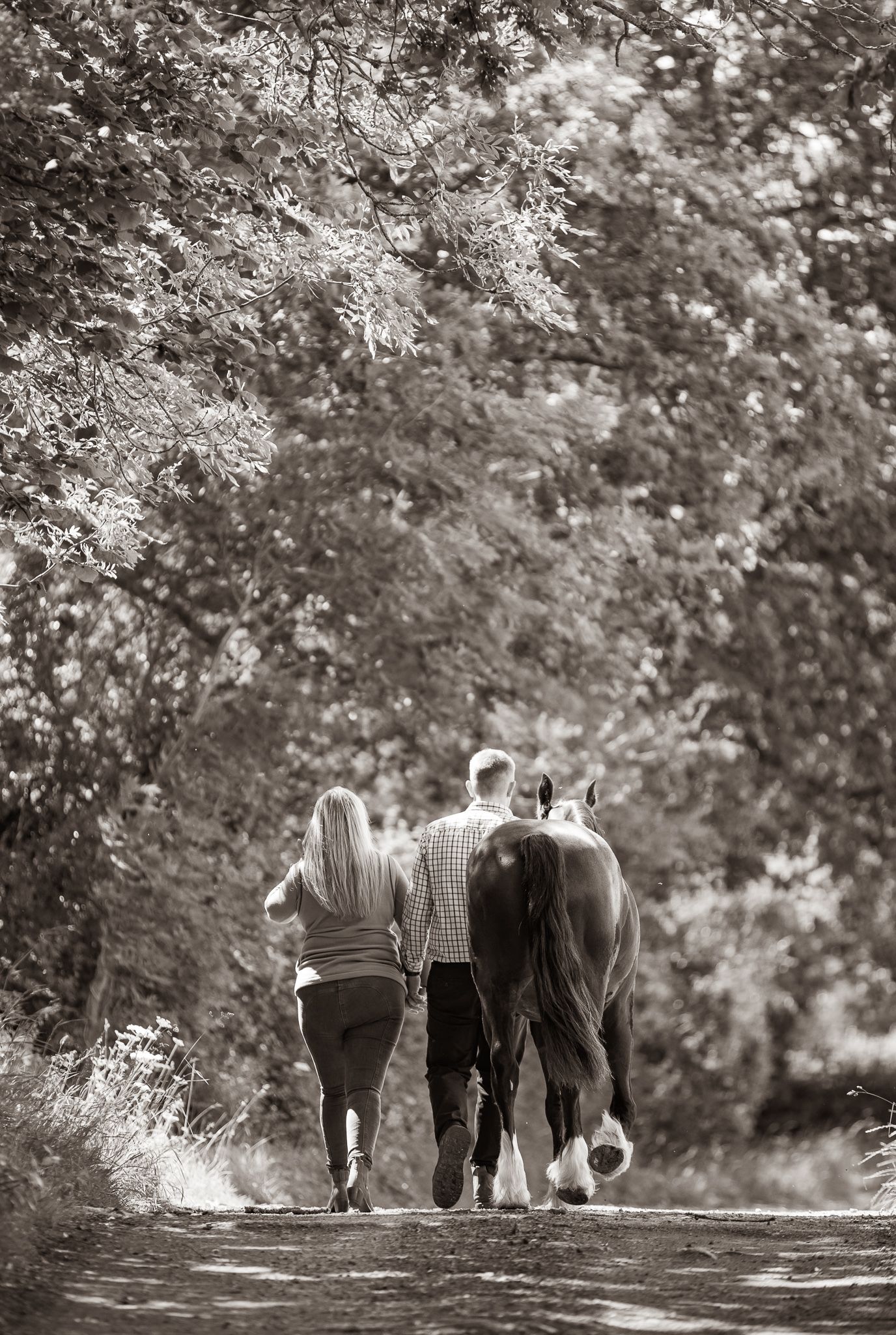 A brown horse and rider in a white sweater pose together against autumn foliage in soft natural lighting.