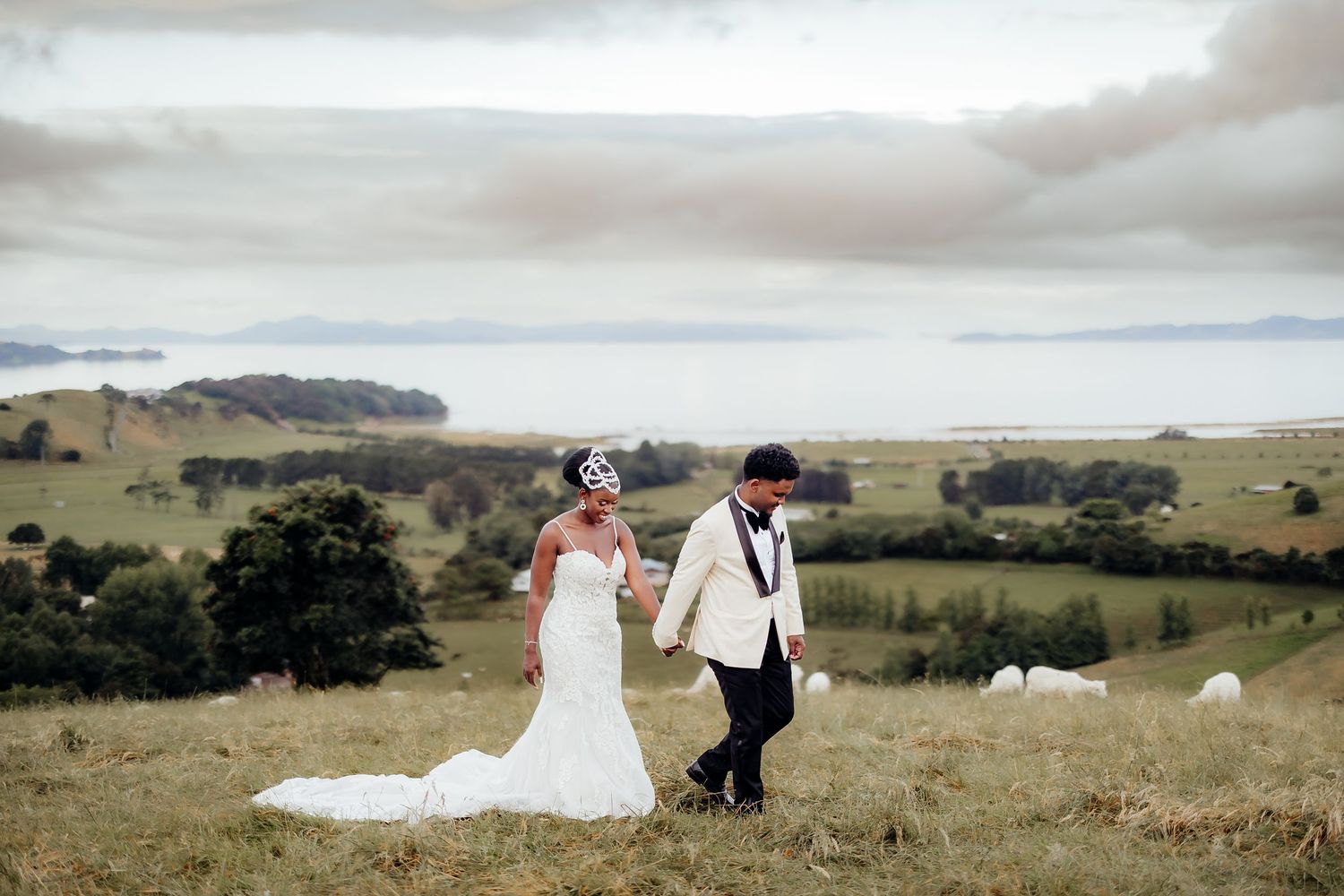 Seven romantic wedding photos taken at scenic outdoor locations showing couples celebrating their special day.