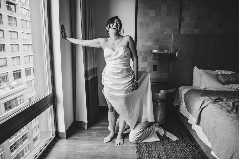 Black and white photos of wedding preparation near large window.