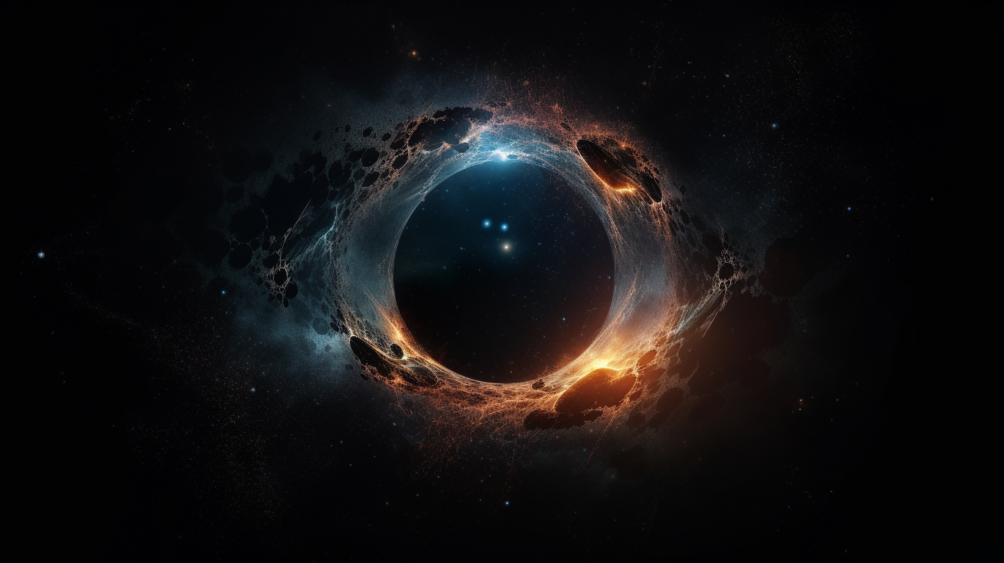 Stunning space nebula with a glowing circular formation surrounded by cosmic dust and orange light in deep space.