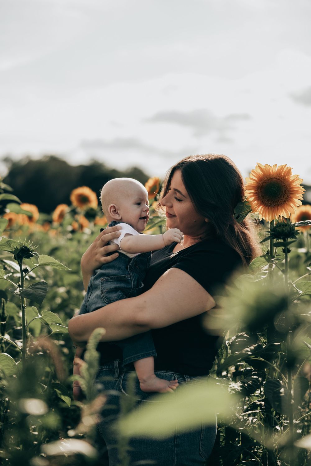 A loving moment between parent and baby captured in a sunflower field on a summer afternoon.