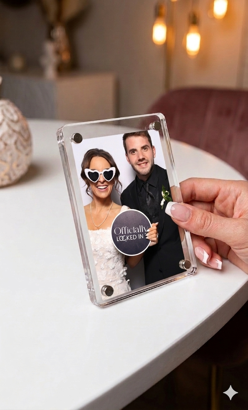 Hand holding a clear acrylic frame with a wedding photo booth picture of a bride and groom holding an Officially Locked In sign.
