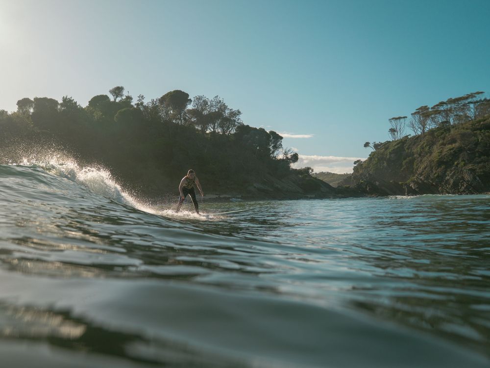 female surfer on a wave with the backdrop of Australian bush in coastal NSW