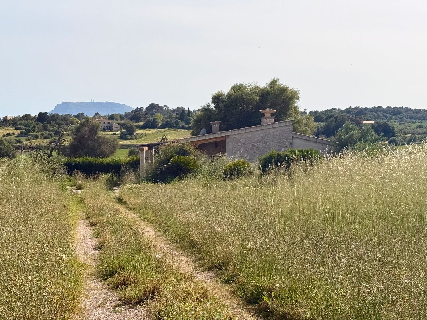 A dirt path winds through tall grass toward a stone building, with mountains and trees visible in the background.