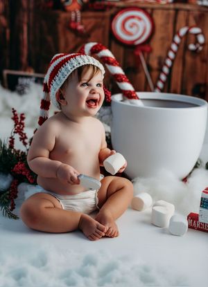 Baby in Santa hat sits by giant cocoa mug with marshmallows in festive Christmas candy cane holiday photo setup.