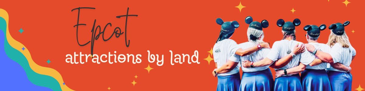 Rainbow graphic showcasing first attractions with performers in white uniforms at EPCOT theme park.