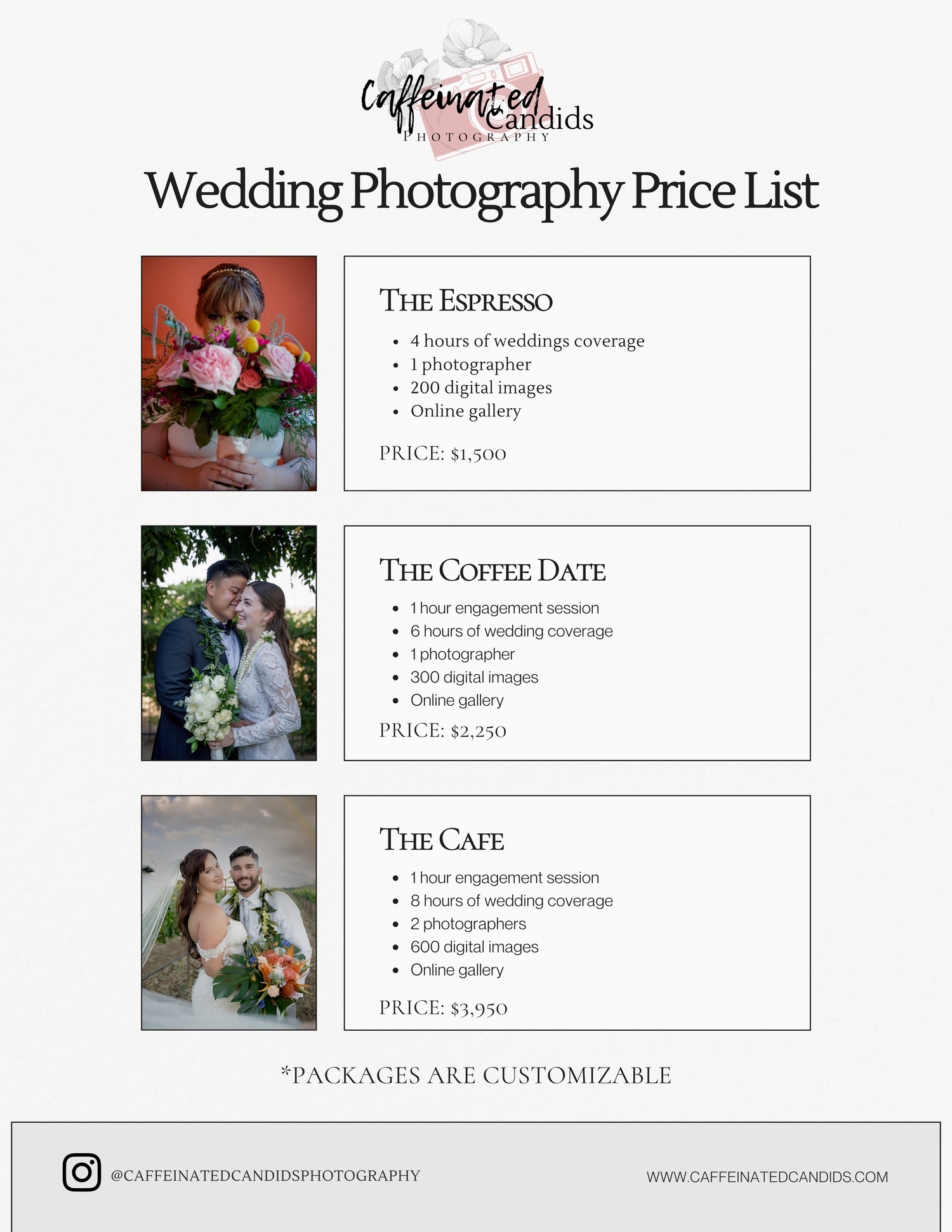 Wedding package price list for Caffeinated Candids Photography.