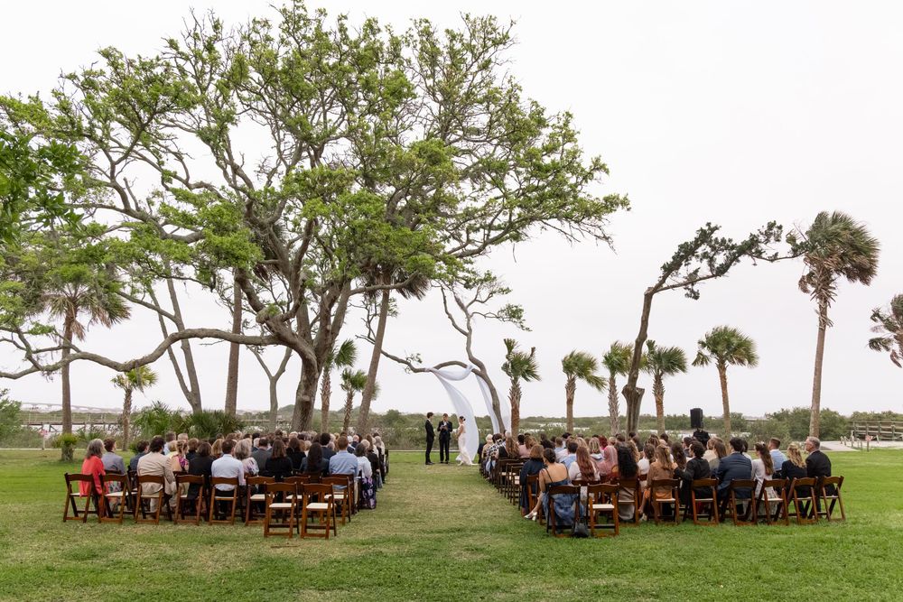 Outdoor wedding ceremony on green lawn surrounded by palm and oak trees with seated guests.