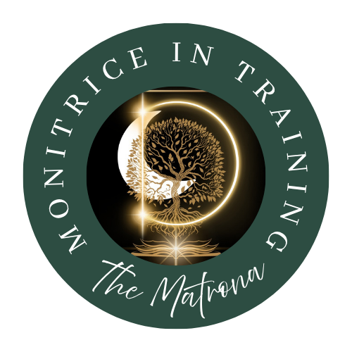 The Matrona Monitrice in Training circular green badge logo with tree design.