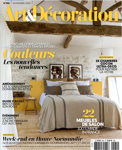 French Art & Décoration magazine cover featuring a stylish bedroom with yellow accents and neutral tones, November 2023 issue.