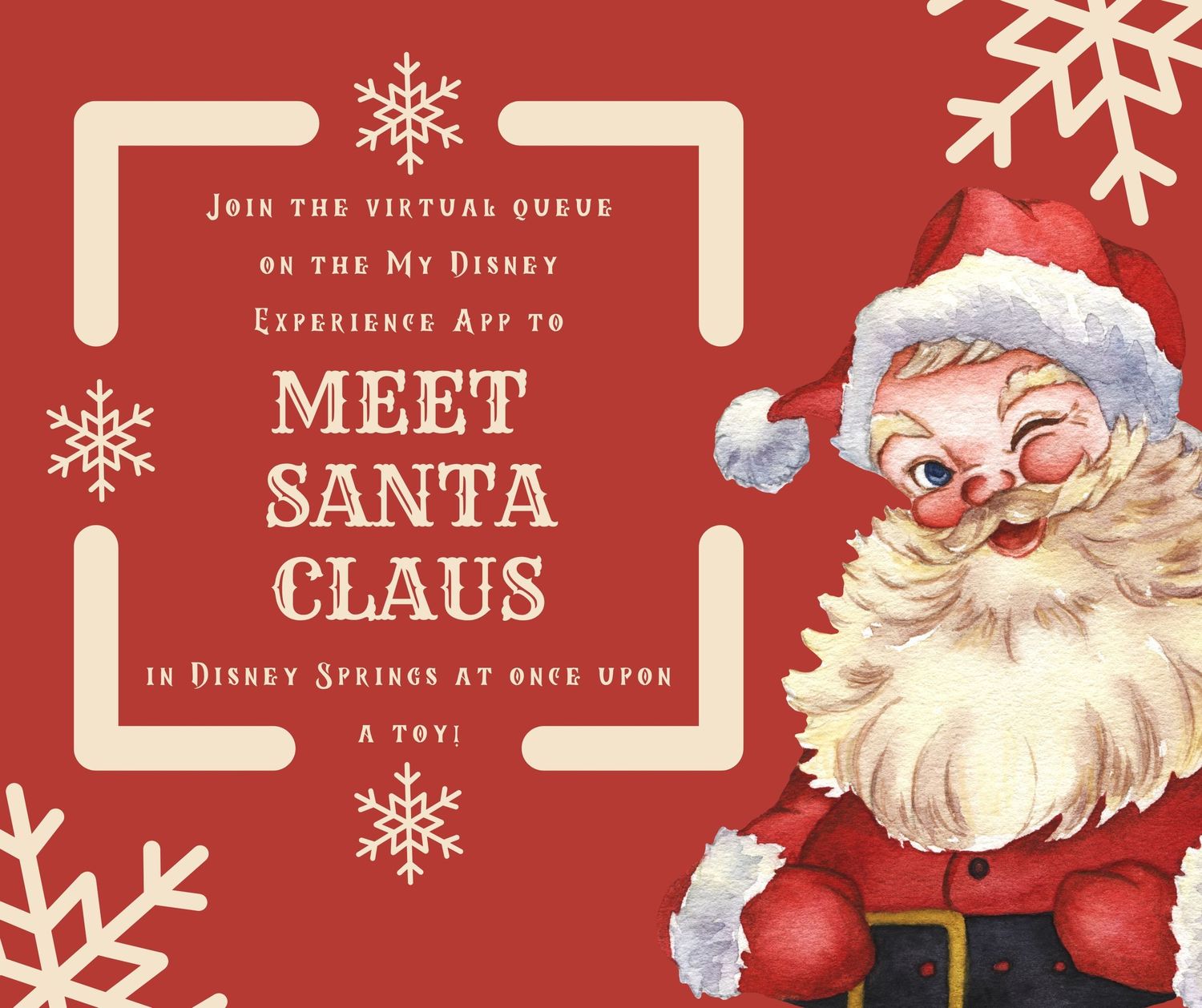 Vintage-style holiday poster with snowflakes advertising a virtual Disney meet-and-greet experience.