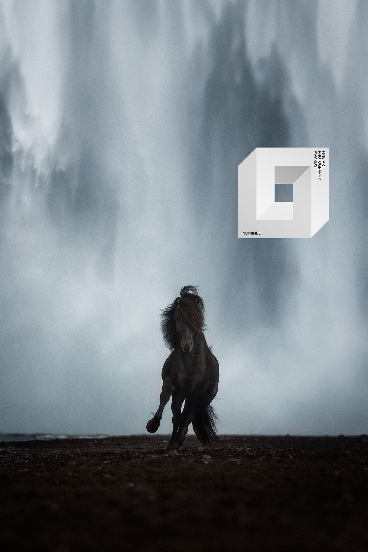 Schwarzer Isländer galoppiert vor dem Wasserfall Skogafoss. Das Bild wurde mit dem internationalen Fine Art Photography Award ausgezeichnet.