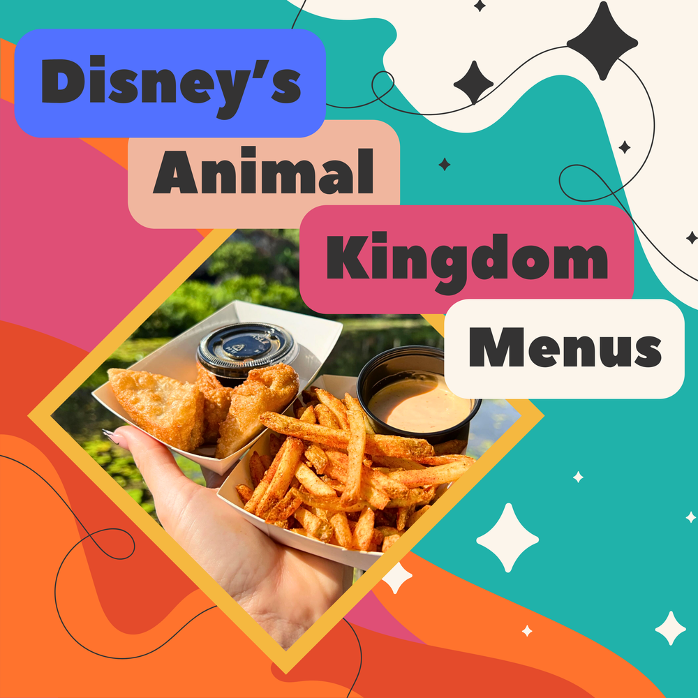 Banner showing Disney menu items with French fries and food imagery.