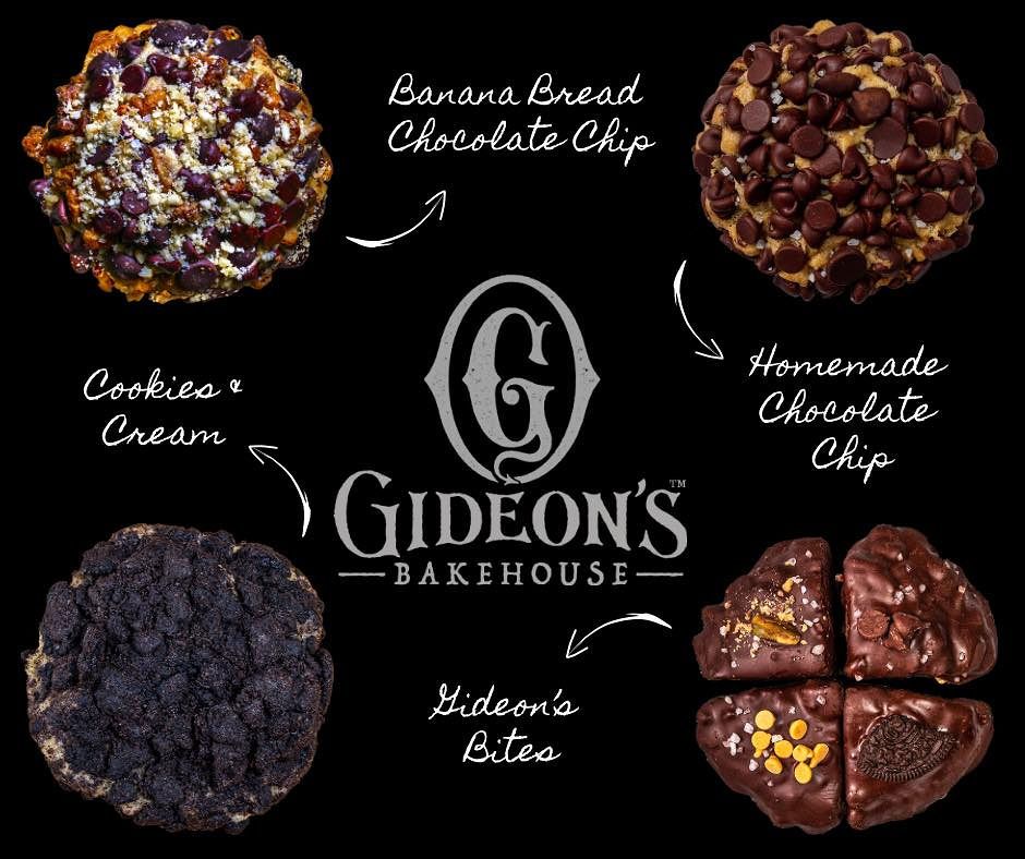 Black menu board showing different chocolate chip cookie varieties from Gideon's Bakehouse.